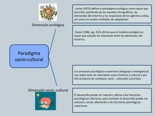 Paradigma
socio-cultural
Lortie (1973) define el paradigma ecológico como aquel que
describe, partiendo de los estudios etnográficos, las
demandas del entorno y las respuestas de los agentes a ellas,
así como los modos múltiples de adaptación.
Los procesos psicológicos superiores (lenguaje e inteligencia)
son sobre todo de naturaleza socio-histórica y cultural y por
ello producto de contextos socio - culturales concretos.
Doyle (1986, pg. 452) afirma que el modelo ecológico es
aquel que estudia las relaciones entre las demandas del
entorno..
El desarrollo puede ser natural y afecta a las funciones
psicológicas inferiores, pero también el desarrollo puede ser
cultural y social, afectando a las funciones psicológicas
superiores.
Dimensión ecológica
Dimensión socio -cultural
 