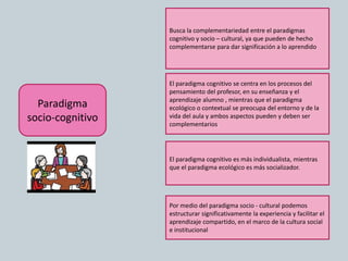 Paradigma
socio-cognitivo
Busca la complementariedad entre el paradigmas
cognitivo y socio – cultural, ya que pueden de hecho
complementarse para dar significación a lo aprendido
El paradigma cognitivo se centra en los procesos del
pensamiento del profesor, en su enseñanza y el
aprendizaje alumno , mientras que el paradigma
ecológico o contextual se preocupa del entorno y de la
vida del aula y ambos aspectos pueden y deben ser
complementarios.
El paradigma cognitivo es más individualista, mientras
que el paradigma ecológico es más socializador.
Por medio del paradigma socio - cultural podemos
estructurar significativamente la experiencia y facilitar el
aprendizaje compartido, en el marco de la cultura social
e institucional
 