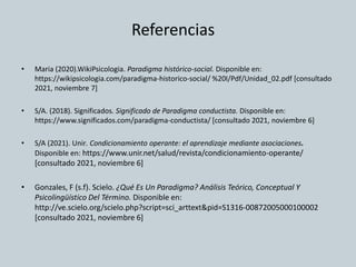 • Maria (2020).WikiPsicologia. Paradigma histórico-social. Disponible en:
https://wikipsicologia.com/paradigma-historico-social/ %20I/Pdf/Unidad_02.pdf [consultado
2021, noviembre 7]
• S/A. (2018). Significados. Significado de Paradigma conductista. Disponible en:
https://www.significados.com/paradigma-conductista/ [consultado 2021, noviembre 6]
• S/A (2021). Unir. Condicionamiento operante: el aprendizaje mediante asociaciones.
Disponible en: https://www.unir.net/salud/revista/condicionamiento-operante/
[consultado 2021, noviembre 6]
• Gonzales, F (s.f). Scielo. ¿Qué Es Un Paradigma? Análisis Teórico, Conceptual Y
Psicolingüístico Del Término. Disponible en:
http://ve.scielo.org/scielo.php?script=sci_arttext&pid=S1316-00872005000100002
[consultado 2021, noviembre 6]
Referencias
 