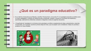 ¿Qué es un paradigma educativo?
● Es un término introducido por el filósofo y científico Thomas Kuhn, en los años 70. Un paradigma educativo se define como
un marco pedagógico y científico de referencia para comprender, analizar y avanzar en el proceso de enseñanza y
aprendizaje, abarcando los diferentes contextos e integrando a todos los agentes educativos.
● El significado de “paradigma” en el terreno de la psicología, se refiere a aceptaciones de ideas, pensamientos, creencias
incorporadas, por lo general, durante la primera etapa de vida y que se aceptan como verdaderas o falsas sin ponerlas a
prueba en un nuevo análisis .
 