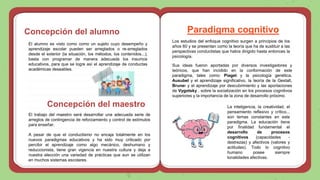 Concepción del alumno
El alumno es visto como como un sujeto cuyo desempeño y
aprendizaje escolar pueden ser arreglados o re-arreglados
desde el exterior (la situación, los métodos, los contenidos...),
basta con programar de manera adecuada los insumos
educativos, para que se logre así el aprendizaje de conductas
académicas deseables.
Concepción del maestro
El trabajo del maestro será desarrollar una adecuada serie de
arreglos de contingencia de reforzamiento y control de estímulos
para enseñar.
A pesar de que el conductismo no encaja totalmente en los
nuevos paradigmas educativos y ha sido muy criticado por
percibir el aprendizaje como algo mecánico, deshumano y
reduccionista, tiene gran vigencia en nuestra cultura y deja a
nuestra elección una variedad de prácticas que aun se utilizan
en muchos sistemas escolares.
Paradigma cognitivo
Los estudios del enfoque cognitivo surgen a principios de los
años 60 y se presentan como la teoría que ha de sustituir a las
perspectivas conductistas que había dirigido hasta entonces la
psicología.
Sus ideas fueron aportadas por diversos investigadores y
teóricos, que han incidido en la conformación de este
paradigma, tales como: Piaget y la psicología genética,
Ausubel y el aprendizaje significativo, la teoría de la Gestalt,
Bruner y el aprendizaje por descubrimiento y las aportaciones
de Vygotsky , sobre la socialización en los procesos cognitivos
superiores y la importancia de la zona de desarrollo próximo.
La inteligencia, la creatividad, el
pensamiento reflexivo y crítico...
son temas constantes en este
paradigma. La educación tiene
por finalidad fundamental el
desarrollo de procesos
cognitivos (capacidades -
destrezas) y afectivos (valores y
actitudes). Todo lo cognitivo
humano posee siempre
tonalidades afectivas.
 
