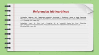 Referencias bibliográficas
• Universidad Yacambú. (s.f). Paradigmas educativos: Aprendizaje – Enseñanza. Datos en línea. Disponible:
https://ead.uny.edu.ve/moodle/pluginfile.php/42347/mod_folder/content/0/paradigmas%20educativos.pdf?forcedownloa
d=1 . [Consulta: 2022, marzo 22].
• Pedagógico madre de Dios. (s.f). Paradigmas de la educación. Datos en línea. Disponible:
https://www.pedagogicomadrededios.edu.pe/wp-content/uploads/2020/10/Paradigmas-de-la-educacion-2.pdf .
[Consulta: 2022, marzo 22].
 