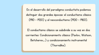 En el desarrollo del paradigma conductista podemos
distinguir dos grandes épocas: el conductismo clásico
(1910 - 1930) y el neoconductismo (1930 - 1960).


El conductismo clásico se subdivide a su vez en dos
corrientes: Condicionamiento clásico (Pavlov, Watson,
Betcherev,...) y condicionamiento instrumental
(Thorndike).
 