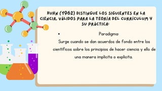 Paradigma:
Surge cuando se dan acuerdos de fondo entre los
científicos sobre los principios de hacer ciencia y ello de
una manera implícita o explícita.
Kuhn (1962) distingue los siguientes en la
ciencia, válidos para la Teoría del Currículum y
su práctica:
 