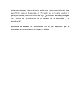 Invitamos entonces a hacer una lectura analítica del cuadro que mostramos para
que el lector responda de acuerdo a la información que se muestra, ¿cuál es el
paradigma idóneo para la educación de hoy?, ¿qué retoma de cada paradigma
para afrontar los requerimientos de la sociedad de la información y el
conocimiento?
Finalmente se exponen las conclusiones, con lo que esperamos que la
información proporcionada sirva de reflexión y análisis.
 