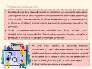 Propuestas Educativas
 El sujeto a través de la actividad mediada en interacción con su contexto sociocultural
y particip...