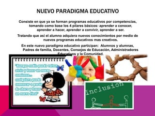 NUEVO PARADIGMA EDUCATIVO
Consiste en que ya se forman programas educativos por competencias,
tomando como base los 4 pilares básicos: aprender a conocer,
aprender a hacer, aprender a convivir, aprender a ser.
Tratando que así el alumno adquiera nuevos conocimientos por medio de
nuevos programas educativos mas creativos.
En este nuevo paradigma educativo participan: Alumnos y alumnas,
Padres de familia, Docentes, Consejos de Educación, Administradores
Educativos y la Comunidad.
 