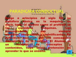 Surge a principios del siglo XX, su
metáfora básica es la maquina, es
decir, tanto al alumno como al profesor se
les considera máquinas. Las
circunstancias son siempre
medibles, observables y cuantificantes. En
definitiva, apuestan por una concepción
mecanicista de la realidad. El Alumno es
un receptor de conceptos y
contenidos, cuya única pretensión es
aprender lo que se enseña.
 