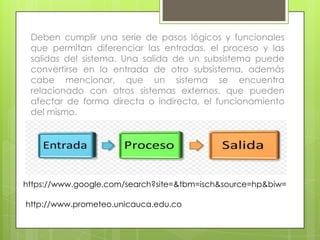 Deben cumplir una serie de pasos lógicos y funcionales
que permitan diferenciar las entradas, el proceso y las
salidas del sistema. Una salida de un subsistema puede
convertirse en la entrada de otro subsistema, además
cabe mencionar, que un sistema se encuentra
relacionado con otros sistemas externos, que pueden
afectar de forma directa o indirecta, el funcionamiento
del mismo.
https://www.google.com/search?site=&tbm=isch&source=hp&biw=
http://www.prometeo.unicauca.edu.co
 