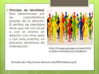  Principio de identidad:
Está determinado por
las características
propias de la relación.
El sentido de identidad
tiene que ver con el ser
o con el evento en
relación con otros seres
y con otros eventos, en
procesos dinámicos de
interrelación.
http://images.google.es/search?sit
e=&tbm=isch&source=hp&biw=
Tomado de: http://www.telurium.net/PDF/holistica.pdf
 