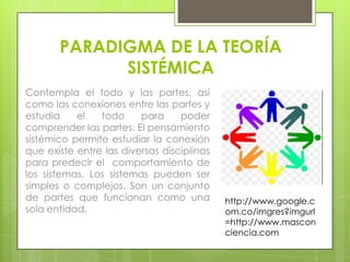 PARADIGMA DE LA TEORÍA
SISTÉMICA
Contempla el todo y las partes, así
como las conexiones entre las partes y
estudia el todo para poder
comprender las partes. El pensamiento
sistémico permite estudiar la conexión
que existe entre las diversas disciplinas
para predecir el comportamiento de
los sistemas. Los sistemas pueden ser
simples o complejos. Son un conjunto
de partes que funcionan como una
sola entidad.
http://www.google.c
om.co/imgres?imgurl
=http://www.mascon
ciencia.com
 