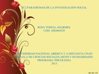 TC2 PARADIGMAS DE LA INVESTIGACION SOCIAL
ROSA TERESA ADARMES
COD: 1083864529
UNIVERSIDAD NACIONAL ABIERTA Y A DISTANCIA UNAD
ESCUELA DE CIENCIAS SOCIALES ARTES Y HUMANIDADES
PROGRAMA: PSICOLOGIA
2013
 