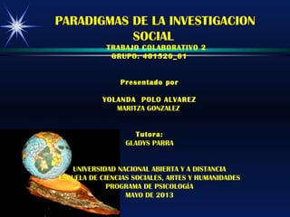 PARADIGMAS DE LA INVESTIGACIONPARADIGMAS DE LA INVESTIGACION
SOCIALSOCIAL
TRABAJO COLABORATIVO 2
GRUPO: 401526_61
Presentado por
YOLANDA POLO ALVAREZ
MARITZA GONZALEZ
Tutora:
GLADYS PARRA
UNIVERSIDAD NACIONAL ABIERTA Y A DISTANCIA
ESCUELA DE CIENCIAS SOCIALES, ARTES Y HUMANIDADES
PROGRAMA DE PSICOLOGÍA
MAYO DE 2013
 