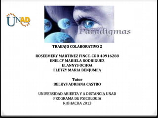 TRABAJO COLABORATIVO 2

ROSEEMERY MARTINEZ FINCE. COD 40916288
ENELCY MARIELA RODRIGUEZ
ELANNYS OCHOA
ELETZY MARIA BENJUMEA
Tutor
BELKYS ADRIANA CASTRO
UNIVERSIDAD ABIERTA Y A DISTANCIA UNAD
PROGRAMA DE PSICOLOGIA
RIOHACHA 2013

 