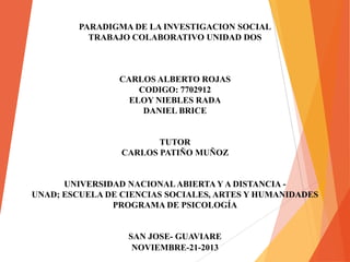 PARADIGMA DE LA INVESTIGACION SOCIAL
TRABAJO COLABORATIVO UNIDAD DOS

CARLOS ALBERTO ROJAS
CODIGO: 7702912
ELOY NIEBLES RADA
DANIEL BRICE

TUTOR
CARLOS PATIÑO MUÑOZ

UNIVERSIDAD NACIONAL ABIERTA Y A DISTANCIA UNAD; ESCUELA DE CIENCIAS SOCIALES, ARTES Y HUMANIDADES
PROGRAMA DE PSICOLOGÍA

SAN JOSE- GUAVIARE
NOVIEMBRE-21-2013

 