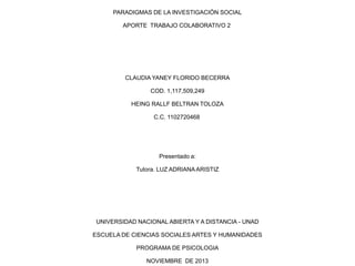 PARADIGMAS DE LA INVESTIGACIÓN SOCIAL
APORTE TRABAJO COLABORATIVO 2

CLAUDIA YANEY FLORIDO BECERRA
COD. 1,117,509,249
HEING RALLF BELTRAN TOLOZA
C.C. 1102720468

Presentado a:
Tutora. LUZ ADRIANA ARISTIZ

UNIVERSIDAD NACIONAL ABIERTA Y A DISTANCIA - UNAD
ESCUELA DE CIENCIAS SOCIALES ARTES Y HUMANIDADES
PROGRAMA DE PSICOLOGIA
NOVIEMBRE DE 2013

 