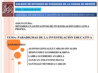 COLEGIO DE ESTUDIOS DE POSGRADO DE LA CIUDAD DE MÉXICO

    SEDE: CHIMALHUACÁN

    MAESTRIA EN DOCENCIA Y GESTIÓN DE INSTITUCIONES EDUCATIVAS


    ASIGNATURA:
    MÉTODOS CUANTITATIVOS DE INVESTIGACIÓN EDUCATIVA
    PROFRA.


TEMA: PARADIGMAS DE LA INVESTIGACIÓN EDUCATIVA

EXPOSITORES
              ALONSO GONZALEZ CARLOS OSVALDO
              HERNÁNDEZ GUERRERO KARINA
              LABRA GUERRERO ANABELA
              SANJUAN TOLENTINO DIANA
              SANTIAGO MENDOZA CARLOS
 