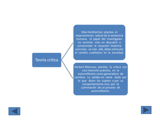 Max Horkheimer; plantea el
                 mejoramiento radical de la existencia
                  humana, el papel del investigador
                    no consiste solo en descubrir y
                   comprender la situación histórica
                 concreta; va más allá, debe estimular
                 el cambio cualitativo en la sociedad.

Teoría crítica
                 Herbert Marcuse; plantea la critica con
                       una intención práctica, en la
                   autorreflexión como generadora de
                 cambios. La validez no viene dada por
                   lo que dicen los sujetos o por su
                       comportamiento sino por la
                      culminación de un proceso de
                              autorreflexión.
 