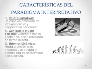 CARACTERÍSTICAS DEL
PARADIGMA INTERPRETATIVO
3). Datos Cualitativos:
Descripción detallada de
las experiencias y
perspectivas personales.
4). Contacto e Insight
personal: Contacto con la
gente o situación estudiada
de forma directa.
5). Sistemas Dinámicos:
Presta atención a los
procesos y se acepta el
cambio sea de un individuo
o una cultura.
 