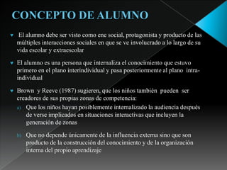 ♥   El alumno debe ser visto como ene social, protagonista y producto de las
    múltiples interacciones sociales en que se ve involucrado a lo largo de su
    vida escolar y extraescolar

♥   El alumno es una persona que internaliza el conocimiento que estuvo
    primero en el plano interindividual y pasa posteriormente al plano intra-
    individual

♥   Brown y Reeve (1987) sugieren, que los niños también pueden ser
    creadores de sus propias zonas de competencia:
    a) Que los niños hayan posiblemente internalizado la audiencia después
        de verse implicados en situaciones interactivas que incluyen la
        generación de zonas

    b)   Que no depende únicamente de la influencia externa sino que son
         producto de la construcción del conocimiento y de la organización
         interna del propio aprendizaje
 