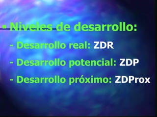  Niveles de desarrollo:
 - Desarrollo real: ZDR
 - Desarrollo potencial: ZDP
 - Desarrollo próximo: ZDProx
 
