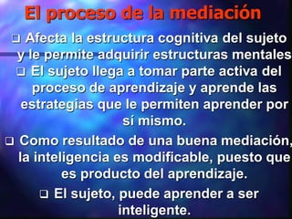 El proceso de la mediación
   Afecta la estructura cognitiva del sujeto
  y le permite adquirir estructuras mentales
  El sujeto llega a tomar parte activa del
     proceso de aprendizaje y aprende las
   estrategias que le permiten aprender por
                    sí mismo.
 Como resultado de una buena mediación,
  la inteligencia es modificable, puesto que
          es producto del aprendizaje.
       El sujeto, puede aprender a ser
                   inteligente.
 