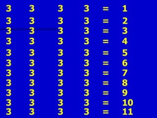 3   3   3   3   =   1
3   3   3   3   =   2
3   3   3   3   =   3
3   3   3   3   =   4
3   3   3   3   =   5
3   3   3   3   =   6
3   3   3   3   =   7
3   3   3   3   =   8
3   3   3   3   =   9
3   3   3   3   =   10
3   3   3   3   =   11
 