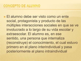  El alumno debe ser visto como un ente
social, protagonista y producto de las
múltiples interacciones sociales en que se ve
involucrado a lo largo de su vida escolar y
extraescolar. El alumno es, en ese
sentido, una persona que internaliza
(reconstruye) el conocimiento, el cual estuvo
primero en el plano interindividual y pasa
posteriormente al plano intraindividual
 