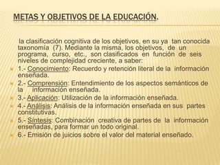 METAS Y OBJETIVOS DE LA EDUCACIÓN.
la clasificación cognitiva de los objetivos, en su ya tan conocida
taxonomía (7). Mediante la misma, los objetivos, de un
programa, curso, etc., son clasificados en función de seis
niveles de complejidad creciente, a saber:
 1.- Conocimiento: Recuerdo y retención literal de la información
enseñada.
 2.- Comprensión: Entendimiento de los aspectos semánticos de
la información enseñada.
 3.- Aplicación: Utilización de la información enseñada.
 4.- Análisis: Análisis de la información enseñada en sus partes
constitutivas.
 5.- Síntesis: Combinación creativa de partes de la información
enseñadas, para formar un todo original.
 6.- Emisión de juicios sobre el valor del material enseñado.
 