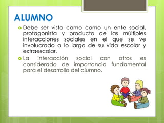  Debe ser visto como como un ente social,
protagonista y producto de las múltiples
interacciones sociales en el que se ve
involucrado a lo largo de su vida escolar y
extraescolar.
 La interacción social con otros es
considerado de importancia fundamental
para el desarrollo del alumno.
ALUMNO
 