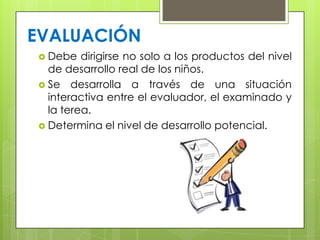  Debe dirigirse no solo a los productos del nivel
de desarrollo real de los niños.
 Se desarrolla a través de una situación
interactiva entre el evaluador, el examinado y
la terea.
 Determina el nivel de desarrollo potencial.
EVALUACIÓN
 