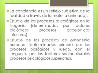 La conciencia es un reflejo subjetivo de la
realidad a través de la materia animada).
Estudio de los procesos psicológicos en la
filogenia (determinados por factores
biológicos procesos piscológicos
inferiores).
Estudio de los procesos de ontogenia
humana (determinados primero por los
procesos biológicos y luego, con el
lenguaje, por los factores socioculturales
procesos psicológicos superiores).
 