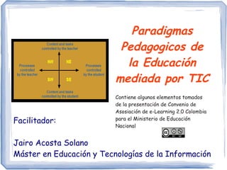 Paradigmas
                           Pedagogicos de
                            la Educación
                          mediada por TIC
                          Contiene algunos elementos tomados
                          de la presentación de Convenio de
                          Asosiación de e-Learning 2.0 Colombia
Facilitador:              para el Ministerio de Educación
                          Nacional


Jairo Acosta Solano
Máster en Educación y Tecnologías de la Información
 