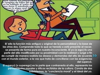 El 'ello la función más antigua y original de la personalidad y la base de
 las otras dos. Comprende todo lo que se hereda o está presente al nacer,
    se presenta de forma pura en nuestro inconsciente. El yo (o ego) Es una
  parte del ello modificada por su proximidad con la realidad y surge a fin
de cumplir de manera realista los deseos y demandas del ello de acuerdo
con el mundo exterior, a la vez que trata de conciliarse con las exigencias
                                                                 del superyó.
 El superyó (o superego) es la parte que contrarresta al ello, representa los
       pensamientos morales y éticos recibidos de la cultura. Consta de dos
                         subsistemas: la "conciencia moral" y el ideal del yo.
 