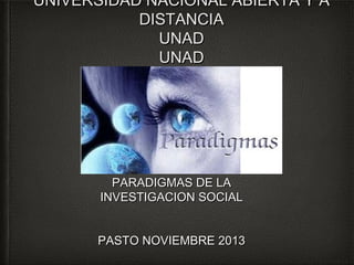 UNIVERSIDAD NACIONAL ABIERTA Y A
DISTANCIA
UNAD
UNAD

PARADIGMAS DE LA
INVESTIGACION SOCIAL
PASTO NOVIEMBRE 2013

 