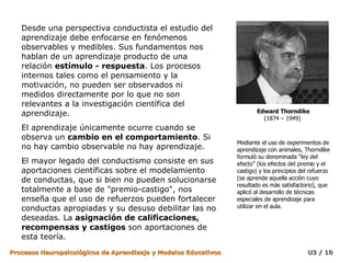Desde una perspectiva conductista el estudio del aprendizaje debe enfocarse en fenómenos observables y medibles. Sus fundamentos nos hablan de un aprendizaje producto de una relación  estímulo - respuesta . Los procesos internos tales como el pensamiento y la motivación, no pueden ser observados ni medidos directamente por lo que no son relevantes a la investigación científica del aprendizaje.  El aprendizaje únicamente ocurre cuando se observa un  cambio en el comportamiento . Si no hay cambio observable no hay aprendizaje.  El mayor legado del conductismo consiste en sus aportaciones científicas sobre el modelamiento de conductas, que si bien no pueden solucionarse totalmente a base de "premio-castigo", nos enseña que el uso de refuerzos pueden fortalecer conductas apropiadas y su desuso debilitar las no deseadas. La  asignación de calificaciones, recompensas y castigos  son aportaciones de esta teoría.  Mediante el uso de experimentos de aprendizaje con animales, Thorndike formuló su denominada “ley del efecto” (los efectos del premio y el castigo) y los principios del refuerzo (se aprende aquella acción cuyo resultado es más satisfactorio), que aplicó al desarrollo de técnicas especiales de aprendizaje para utilizar en el aula. Edward Thorndike (1874 – 1949)  