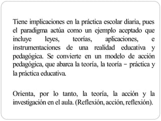 Tiene implicaciones en la práctica escolar diaria, pues
el paradigma actúa como un ejemplo aceptado que
incluye leyes,
instrumentaciones de
teorías,
una realidad educativa
aplicaciones, e
y
pedagógica. Se convierte en un modelo de acción
pedagógica, que abarca la teoría, la teoría – práctica y
la práctica educativa.
Orienta, por lo tanto, la teoría, la acción y la
investigación en el aula. (Reflexión,acción,reflexión).
 