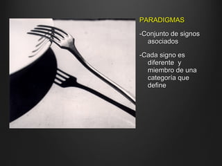 PARADIGMASPARADIGMAS
-Conjunto de signos-Conjunto de signos
asociadosasociados
-Cada signo es-Cada signo es
diferente ydiferente y
miembro de unamiembro de una
categoría quecategoría que
definedefine
 