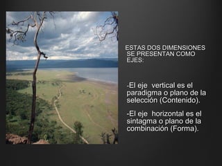 ESTAS DOS DIMENSIONESESTAS DOS DIMENSIONES
SE PRESENTAN COMOSE PRESENTAN COMO
EJES:EJES:
--El eje vertical es elEl eje vertical es el
paradigma o plano de laparadigma o plano de la
selección (Contenido).selección (Contenido).
-El eje horizontal es el-El eje horizontal es el
sintagma o plano de lasintagma o plano de la
combinación (Forma).combinación (Forma).
 