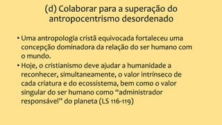 (d) Colaborar para a superação do
antropocentrismo desordenado
• Uma antropologia cristã equivocada fortaleceu uma
concepção dominadora da relação do ser humano com
o mundo.
• Hoje, o cristianismo deve ajudar a humanidade a
reconhecer, simultaneamente, o valor intrínseco de
cada criatura e do ecossistema, bem como o valor
singular do ser humano como “administrador
responsável” do planeta (LS 116-119)
 