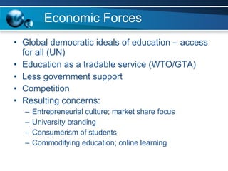 Economic Forces Global democratic ideals of education – access for all (UN) Education as a tradable service (WTO/GTA) Less government support Competition Resulting concerns: Entrepreneurial culture; market share focus University branding Consumerism of students Commodifying education; online learning 