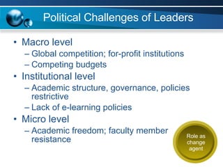 Political Challenges of Leaders Macro level Global competition; for-profit institutions Competing budgets Institutional level Academic structure, governance, policies restrictive Lack of e-learning policies Micro level Academic freedom; faculty member resistance Role as change agent 