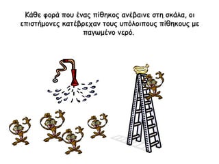 Κάθε φορά που ένας πίθηκος ανέβαινε στη σκάλα, οι επιστήμονες κατέβρεχαν τους υπόλοιπους πίθηκους με παγωμένο νερό .  