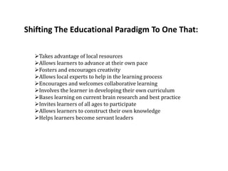 Shifting The Educational Paradigm To One That:

  Takes advantage of local resources
  Allows learners to advance at their own pace
  Fosters and encourages creativity
  Allows local experts to help in the learning process
  Encourages and welcomes collaborative learning
  Involves the learner in developing their own curriculum
  Bases learning on current brain research and best practice
  Invites learners of all ages to participate
  Allows learners to construct their own knowledge
  Helps learners become servant leaders
 