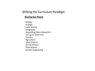 Shifting the Curriculum Paradigm
 Sharing Our Planet

 · Biology
 · Ecology
 · Earth Science
 · Geography
 · Respecting Others Space/Life
 · Caring For Other Life
 · Forestry
 · Agriculture
 · Space Science
 · Animal Science
 · Plant Science
 · Genetic Engineering
 