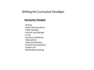 Shifting the Curriculum Paradigm

 Sharing Our Thoughts

 · Writing
 · Audio communications
 · Public Speaking
 · Internet use/language
 · E-mail
 · Electronic publishing
 · Video/phone
 · Video presentations
 · Electronic presentations
 · Graphic arts
 · Multimedia authoring
 