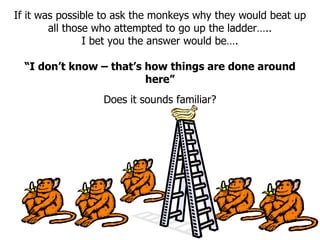 If it was possible to ask the monkeys why they would beat up all those who attempted to go up the ladder….. I bet you the answer would be…. “ I don’t know – that’s how things are done around here” Does it sounds familiar? 