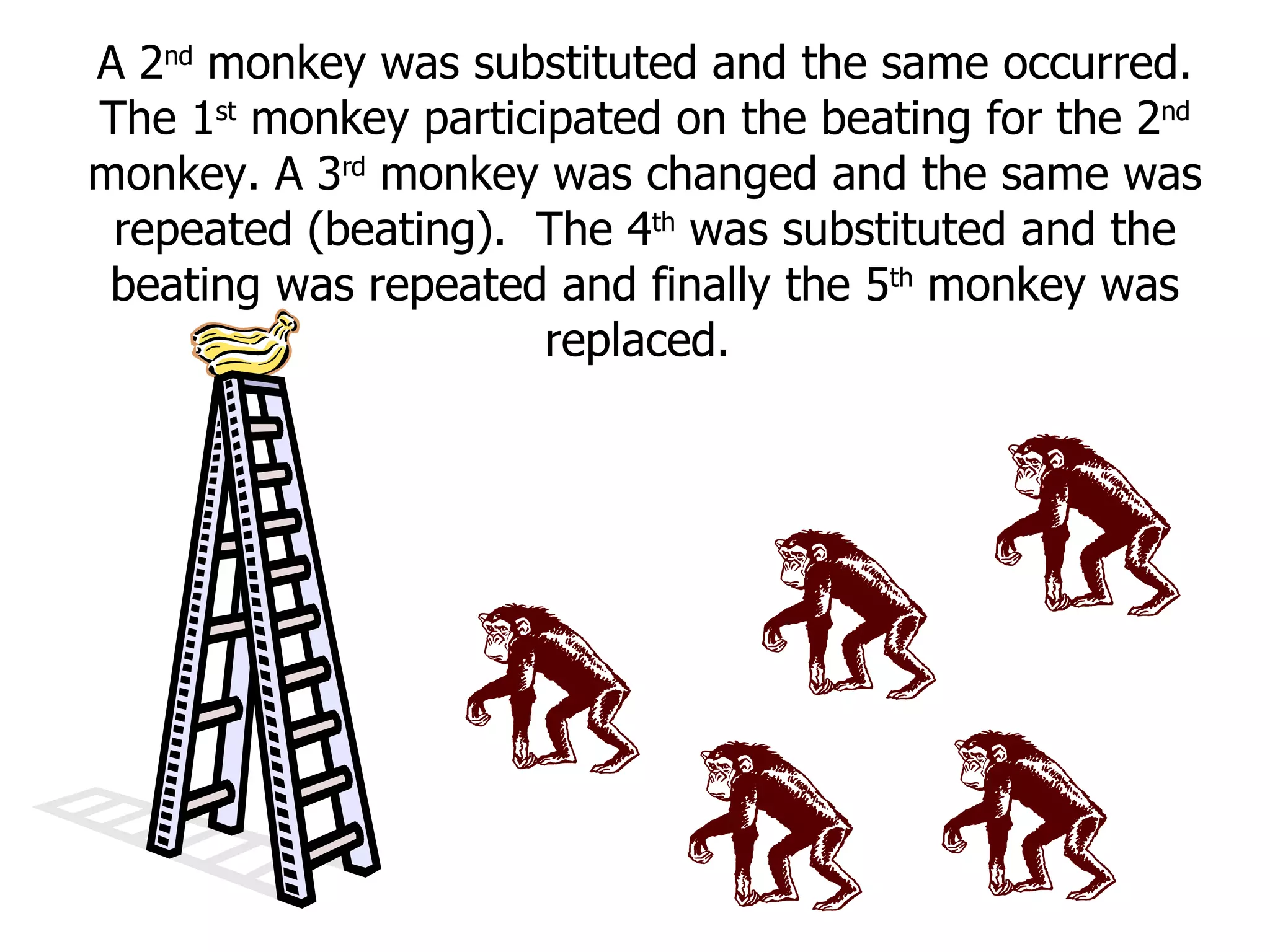 A 2 nd  monkey was substituted and the same occurred. The 1 st  monkey participated on the beating for the 2 nd  monkey. A 3 rd  monkey was changed and the same was repeated (beating).  The 4 th  was substituted and the beating was repeated and finally the 5 th  monkey was replaced.  