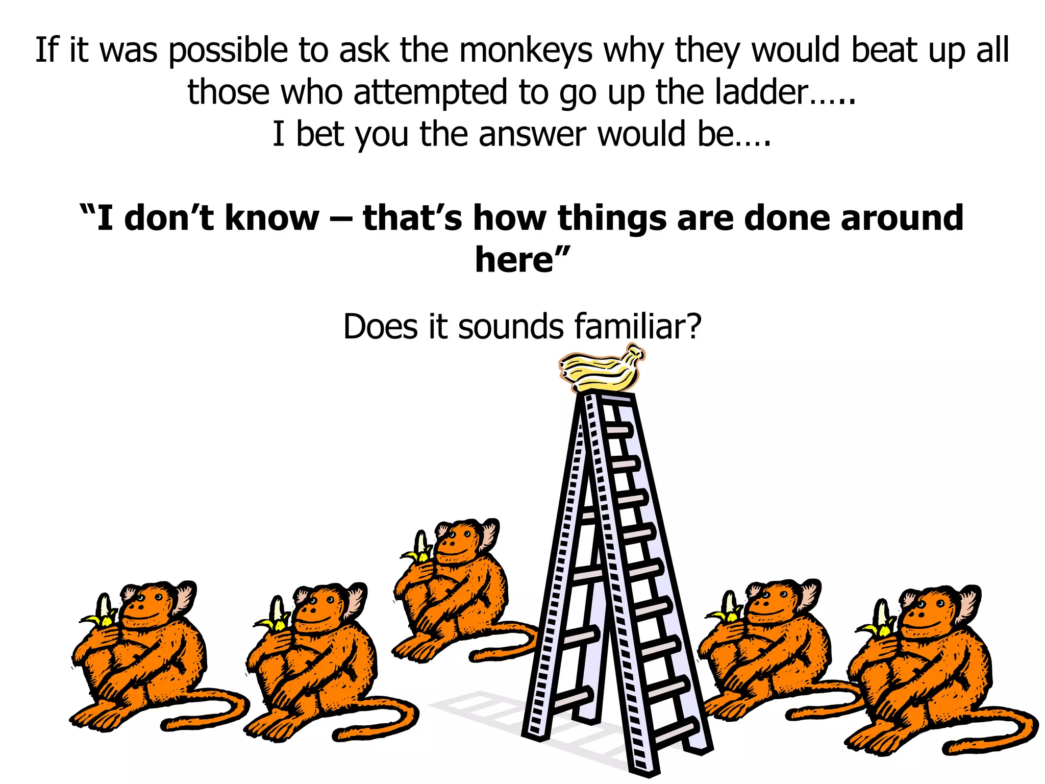 If it was possible to ask the monkeys why they would beat up all those who attempted to go up the ladder….. I bet you the answer would be…. “ I don’t know – that’s how things are done around here” Does it sounds familiar? 