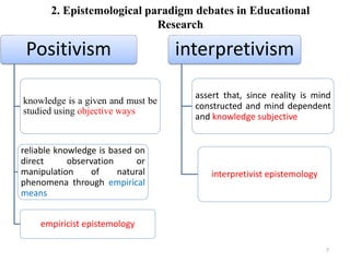 2. Epistemological paradigm debates in Educational
Research
Positivism
knowledge is a given and must be
studied using objective ways
reliable knowledge is based on
direct observation or
manipulation of natural
phenomena through empirical
means
empiricist epistemology
interpretivism
assert that, since reality is mind
constructed and mind dependent
and knowledge subjective
interpretivist epistemology
7
 